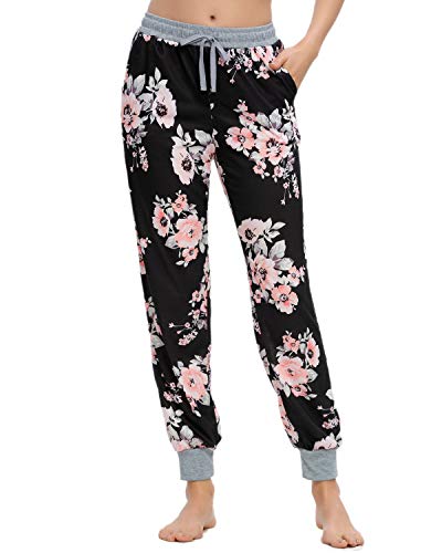 MINTLIMIT Damen Jerseyhose Lang Schlafanzughose Sporthose Sleep Hose mit Bindebändern (Blumen Schwarz,Größe M) von MINTLIMIT