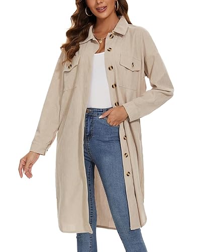 MINTLIMIT Damen Klassische Knopfleiste Longshirt Jacke Casual Hemd Shacket Jacke Trenchcoat (Beige L) von MINTLIMIT