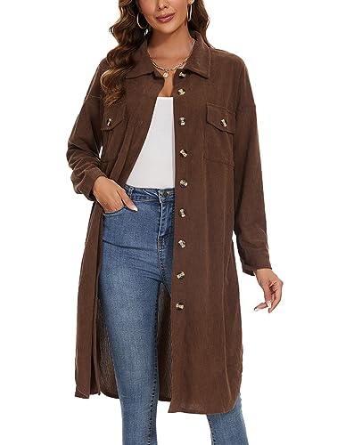 MINTLIMIT Damen Klassische Knopfleiste Longshirt Jacke Casual Hemd Shacket Jacke Trenchcoat (Braun L) von MINTLIMIT