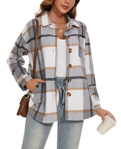 MINTLIMIT Damen Klassische Knopfleiste Plaid Shirt Jacke Casual Flanell Hemd Shacket Jacke Trenchcoat (Grau XXL) von MINTLIMIT