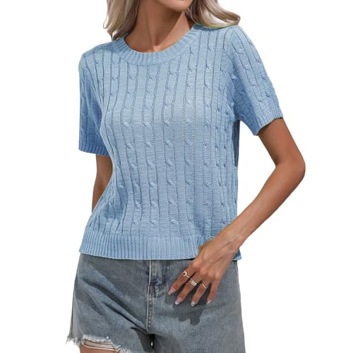 MINTLIMIT Damen Kurzarm-Pullover Tops Pullover Shirt Frühling Sommer Casual Strickpullover Bluse, 937#Himmelblau, L von MINTLIMIT