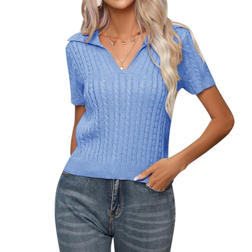 MINTLIMIT Damen Kurzarm-Pullover Tops Pullover Shirt Frühling Sommer Casual Strickpullover Bluse, 938_blue, M von MINTLIMIT