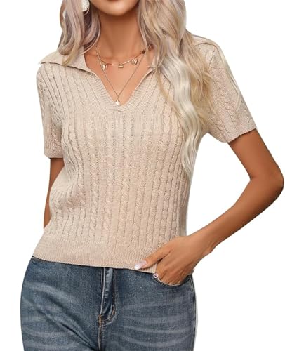 MINTLIMIT Damen Kurzarmpullover Sommer V-Ausschnitt Pullover T Shirt Casual Strickpullover Elegante Bluse Oberteil 2025 von MINTLIMIT