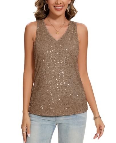 MINTLIMIT Damen Lang Tank Top Glitzer Pailletten Tunika Ärmellos Bluse Festival Oberteil (Champagner S) von MINTLIMIT