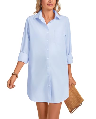 MINTLIMIT Damen Langarm Hemdkleid Oversize Knopfleiste Hemdkragen Minikleid Sommer Casual Freizeitkleid mit Taschen von MINTLIMIT