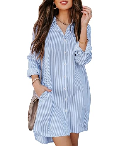 MINTLIMIT Damen Langarm Hemdkleid Oversize Knopfleiste Hemdkragen Minikleid Sommer Casual Freizeitkleid mit Taschen von MINTLIMIT