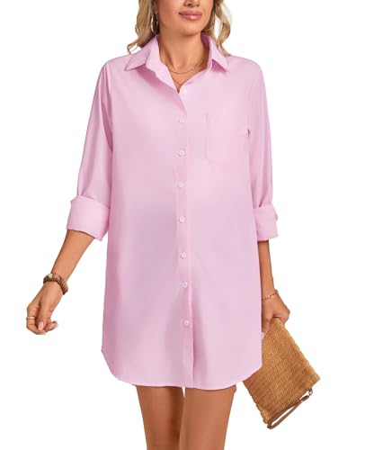 MINTLIMIT Damen Langarm Hemdkleid Oversize Knopfleiste Hemdkragen Minikleid Sommer Casual Freizeitkleid mit Taschen von MINTLIMIT