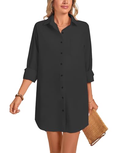 MINTLIMIT Damen Langarm Hemdkleid Oversize Knopfleiste Hemdkragen Minikleid Sommer Casual Freizeitkleid mit Taschen von MINTLIMIT