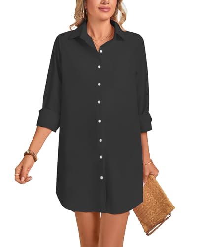 MINTLIMIT Damen Langarm Hemdkleid Oversize Knopfleiste Hemdkragen Minikleid Sommer Casual Freizeitkleid mit Taschen von MINTLIMIT