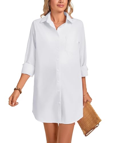 MINTLIMIT Damen Langarm Hemdkleid Oversize Knopfleiste Hemdkragen Minikleid Sommer Casual Freizeitkleid mit Taschen von MINTLIMIT