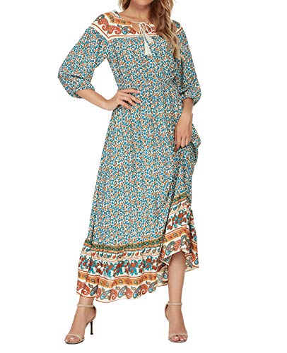 MINTLIMIT Damen Langarm Kleider Blumendruck Retro Baumwolle V-Ausschnitt Quaste Casual Bohemian Boho Vintage Midi-Kleid von MINTLIMIT