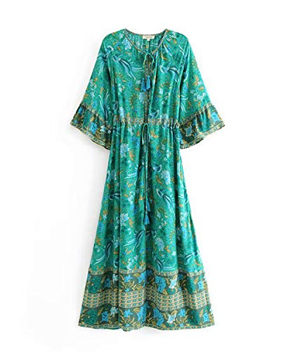 MINTLIMIT Damen Langarm Kleider Blumendruck Retro Baumwolle V-Ausschnitt Quaste Casual Bohemian Boho Vintage Midi-Kleid von MINTLIMIT