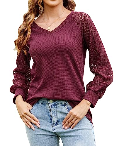 MINTLIMIT Damen Langarmshirt V Ausschnitt Bluse Spitzenärmel Oberteile Tunika Tops Oversize EU 44 46 (R-Weinrot L) von MINTLIMIT