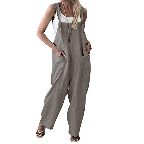 MINTLIMIT Damen Leinen Overalls Latzhosen Weites Bein Jumpsuit Baggy Latzhose Harem Strampler Romper Beiläufige Riemchen Paket Lose Hose Grau M von MINTLIMIT