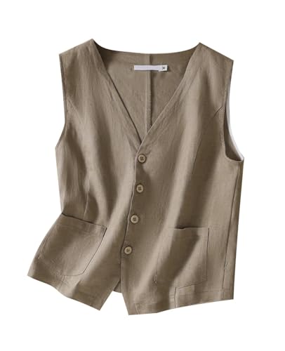 MINTLIMIT Damen Leinen Weste Casual Button Down Ärmellos V Ausschnitt Blazer Tank Top Leichte Business Jacke Weste Weste mit Tasche, 28 Khaki, L von MINTLIMIT