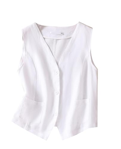 MINTLIMIT Damen Leinen Weste Casual Button Down Ärmellos V Ausschnitt Blazer Tank Top Leichte Business Jacke Weste Weste mit Tasche, 28_Weiß, XL von MINTLIMIT