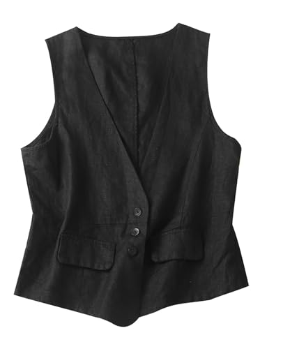 MINTLIMIT Damen Leinen Weste Casual Button Down Ärmellos V Ausschnitt Blazer Tank Top Leichte Business Jacke Weste Weste mit Tasche, 29_Schwarz, L von MINTLIMIT