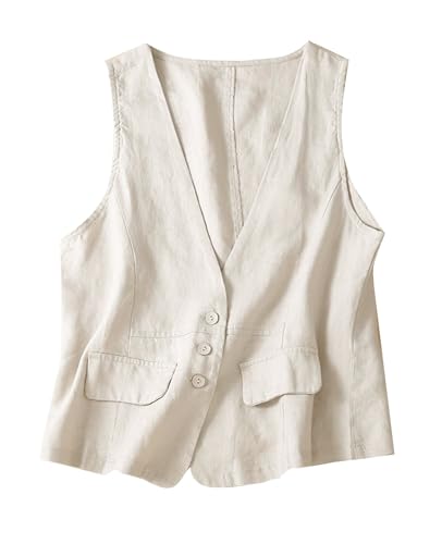 MINTLIMIT Damen Leinen Weste Casual Button Down Ärmellos V Ausschnitt Blazer Tank Top Leichte Business Jacke Weste Weste mit Tasche, 29_Weiß, XL von MINTLIMIT