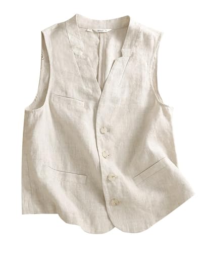 MINTLIMIT Leinenweste für Frauen täglich knöpfbar, ärmellos, v-Ausschnitt, Blazer, Leinen, leichte Business-Jacke, Weste mit Tasche, 30_Beige, XXL von MINTLIMIT