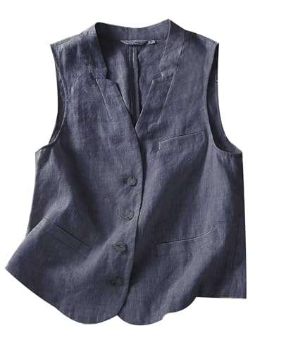 MINTLIMIT Damen Leinen Weste Casual Button Down Ärmellos V Ausschnitt Blazer Tank Top Leichte Business Jacke Weste Weste mit Tasche, 30_Blau, XL von MINTLIMIT