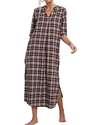 MINTLIMIT Damen Nachthemd Baumwolle Nachtwäsche Lang V-Ausschnitt Sleepshirt mit Taschen Karierte,Braun,L von MINTLIMIT