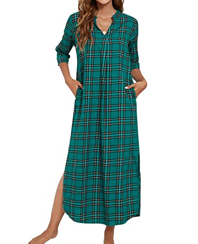 MINTLIMIT Damen Nachthemd Nachtkleid Karierte Baumwolle Lässige Sleepshirt mit Taschen Nachtkleid Still,Grün Schwarz,L von MINTLIMIT