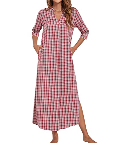 MINTLIMIT Damen Nachthemd Nachtkleid Karierte Baumwolle Lässige Sleepshirt mit Taschen Nachtkleid Still,Rot Weiss,L von MINTLIMIT