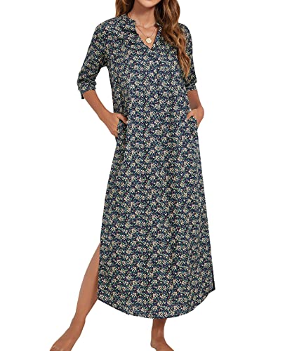 MINTLIMIT Damen Nachthemd Nachtkleid Karierte Baumwolle Lässige Sleepshirt mit Taschen Nachtkleid Still (Marineblaue Basis mit Blumenmuster,L) von MINTLIMIT