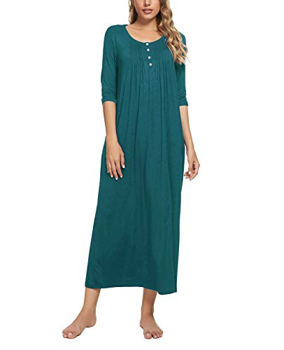 MINTLIMIT Damen Nachthemd Nachtwäsche 3/4 Ärmel Nachtkleid Sleepshirt Henley Knöpfen Rundhals mit Taschen,Grün,S von MINTLIMIT