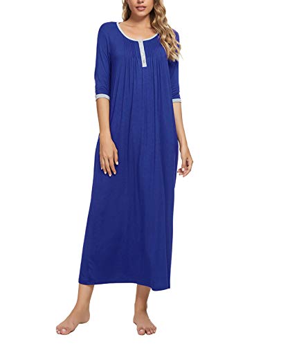 MINTLIMIT Damen Nachthemd Lang Nachtwäsche Kurzarm Nachtkleid Sleepshirt Henley Blau 34 36 von MINTLIMIT