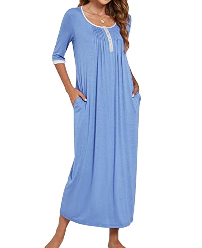 MINTLIMIT Damen Nachthemd Nachtwäsche 3/4 Ärmel Nachtkleid Sleepshirt Henley Knöpfen Rundhals mit Taschen,Dodgerblau,L von MINTLIMIT