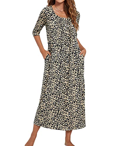 MINTLIMIT Damen Nachthemd Nachtwäsche 3/4 Ärmel Nachtkleid Sleepshirt Henley Knöpfen Rundhals mit Taschen,Leopardenmuster,XL von MINTLIMIT