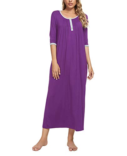 MINTLIMIT Damen Nachthemd Nachtwäsche 3/4 Ärmel Nachtkleid Sleepshirt Henley Knöpfen Rundhals mit Taschen,Lila,38 40 von MINTLIMIT