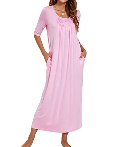 MINTLIMIT Damen Nachthemd Nachtwäsche 3/4 Ärmel Nachtkleid Sleepshirt Henley Knöpfen Rundhals mit Taschen,Rosa,L von MINTLIMIT