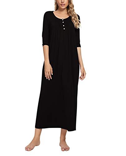 MINTLIMIT Damen Nachthemd Nachtwäsche 3/4 Ärmel Nachtkleid Sleepshirt Henley Knöpfen Rundhals mit Taschen,Schwarz 2,34 36 von MINTLIMIT