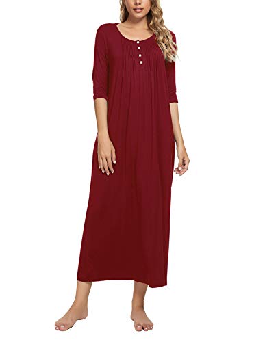 MINTLIMIT Damen Nachthemd Nachtwäsche 3/4 Ärmel Nachtkleid Sleepshirt Henley Knöpfen Rundhals mit Taschen,Weinrot 2,34 36 von MINTLIMIT