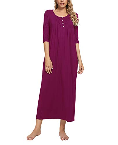 MINTLIMIT Damen Nachthemd Nachtwäsche 3/4 Ärmel Nachtkleid Sleepshirt Henley Knöpfen Rundhals mit Taschen (Fuchsie L) von MINTLIMIT