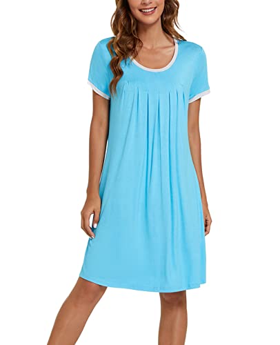 MINTLIMIT Damen Nachthemd Nachtwäsche Kurzarm Rundhals Nachtkleid Sleepshirt Schlafanzug mit Taschen,Blau（D）,S von MINTLIMIT