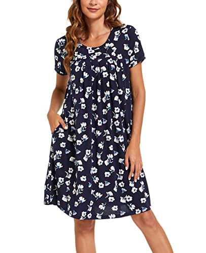 MINTLIMIT Damen Nachthemd Nachtwäsche Kurzarm Rundhals Nachtkleid Sleepshirt Schlafanzug mit Taschen,Blumen+Marine Basis,M von MINTLIMIT