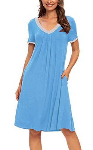 MINTLIMIT Damen Nachthemd Nachtwäsche Kurzarm V-Ausschnitt Rundhals Nachtkleid Sleepshirt Schlafanzug mit Taschen,Blau（D）,S von MINTLIMIT