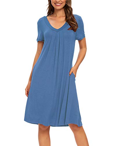 MINTLIMIT Damen Nachthemd Nachtwäsche Kurzarm V-Ausschnitt Rundhals Nachtkleid Sleepshirt Schlafanzug mit Taschen,Blau,50 von MINTLIMIT