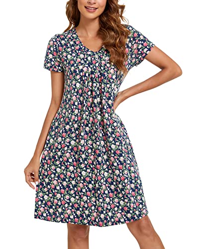 MINTLIMIT Damen Nachthemd Nachtwäsche Kurzarm V-Ausschnitt Rundhals Nachtkleid Sleepshirt Schlafanzug mit Taschen,Blumen+Marine Basis,M von MINTLIMIT