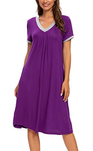 MINTLIMIT Damen Nachthemd Nachtwäsche Kurzarm V-Ausschnitt Rundhals Nachtkleid Sleepshirt Schlafanzug mit Taschen,Lila（C）,M von MINTLIMIT