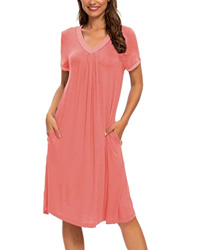 MINTLIMIT Damen Nachthemd Nachtwäsche Kurzarm V-Ausschnitt Rundhals Nachtkleid Sleepshirt Schlafanzug mit Taschen,Pink,34 36 von MINTLIMIT
