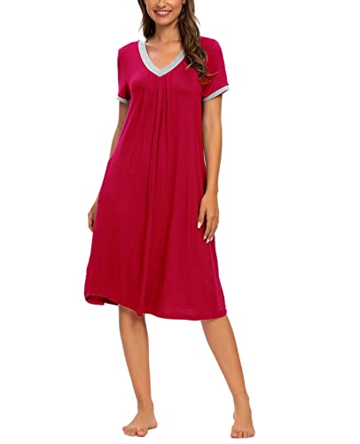 MINTLIMIT Damen Nachthemd Nachtwäsche Kurzarm V-Ausschnitt Rundhals Nachtkleid Sleepshirt Schlafanzug mit Taschen,Rot,S von MINTLIMIT