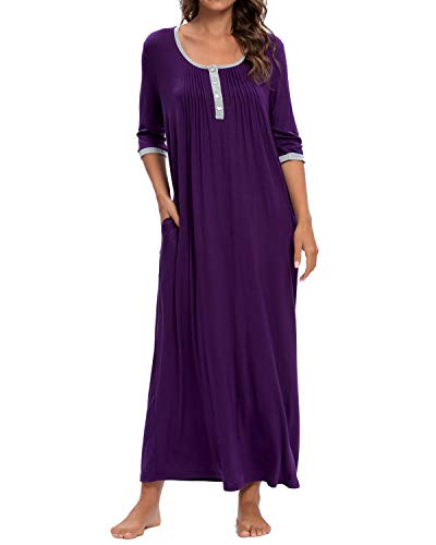 MINTLIMIT Damen Nachthemd Nachtwäsche Nachtkleid 3/4 Ärmel Henley Rundhals Lässige Schlafhemd Sleepshirt (Purple,Größe L) von MINTLIMIT