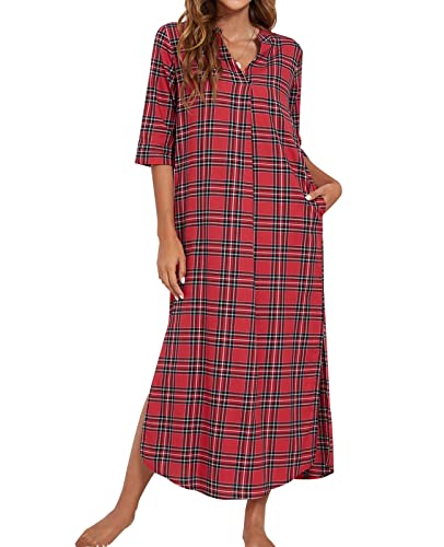 MINTLIMIT Damen Nachthemd Nachtwäsche Nachtkleid Bodenlang Kurzarm Baumwolle Sommer,Rot schwarz,XL von MINTLIMIT