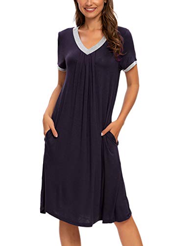 MINTLIMIT Damen Nachthemd Pyjama Negligee V-Ausschnitt Nachtkleid Schlafshirt Kurze Ärmel Schlafanzüge (Navy Blau,Größe XL) von MINTLIMIT