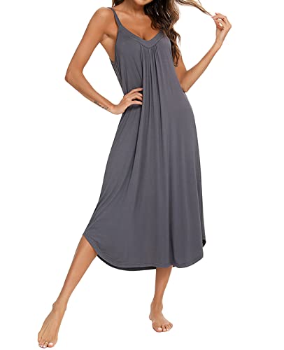 MINTLIMIT Damen Negligee aus Baumwolle Nachtwäsche Sommer Einfarbig Sleepwear,Lang-Dunkelgrau,L von MINTLIMIT