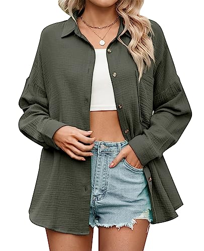 MINTLIMIT Damen Oversize Button Down Shirt Langarm Casual Blusen Top mit Tasche für Frauen 2023 S-2XL, 68_army green, M von MINTLIMIT